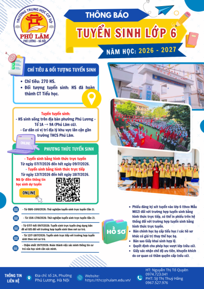 📢 THÔNG BÁO TUYỂN SINH LỚP 6 NĂM HỌC 2025 - 2026 - TRƯỜNG THCS PHÚ LÃM